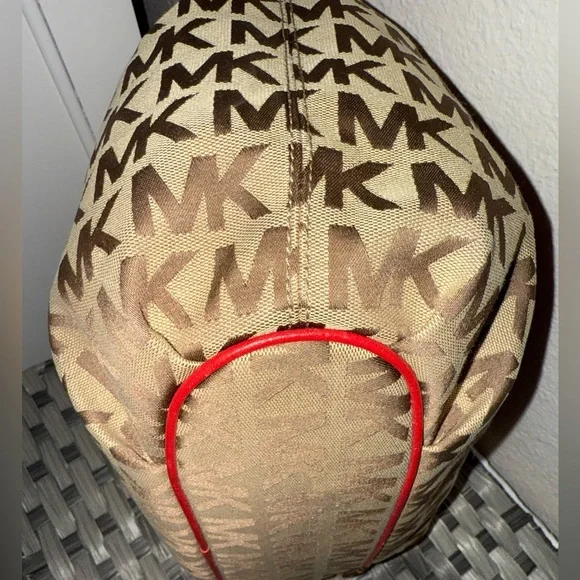 Michael Kors MK Logo Canvas Tote Bag Brown Red Leather Handles Tassel Purse - Picture 11 of 17